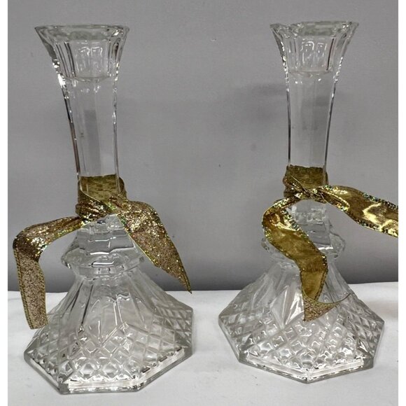 Crystal Glass Candle Holders With Gold Glitter Ribbons - Picture 1 of 4